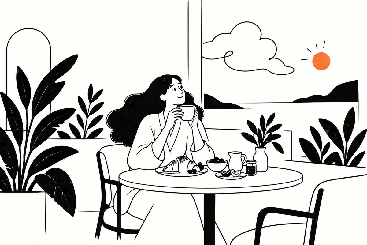ホテルで朝食を楽しむ女性のイメージイラスト