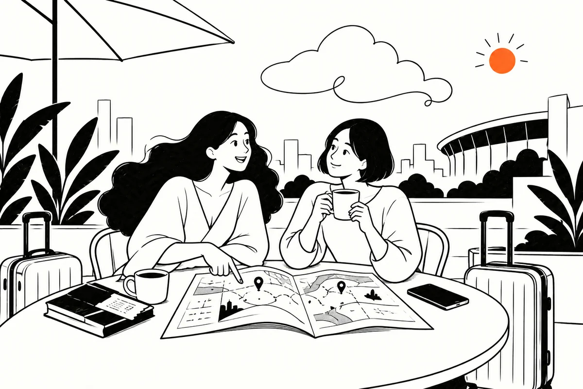 友達と遠征の計画を立てる女性たちのイメージイラスト